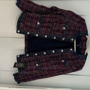 NWT White House Black Market Woman’s SZ 10 Tweed Jacket - Berry and Navy Blue